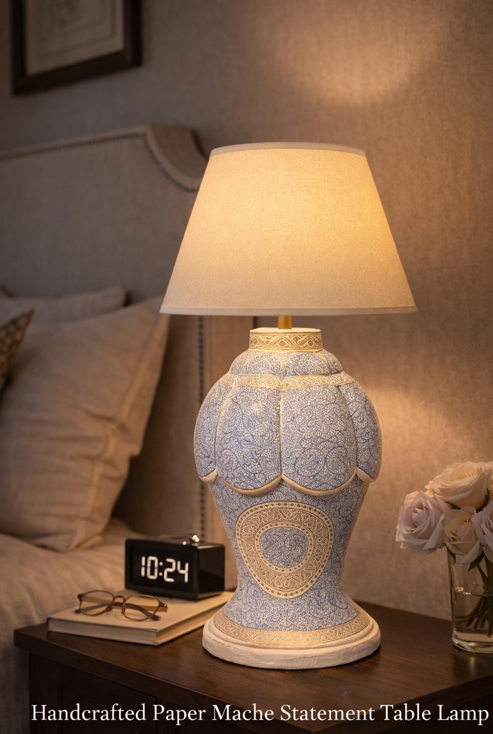 Papier Mache Table Lamp with kashmiri floral art, handmade paper mache table lamp